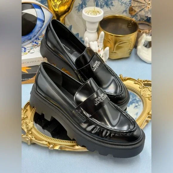 🆕 MARC JACOBS 🧿 NWOB The Frankie Logo-Plaque Platform Loafer, Black Sz 37 US7 - Picture 7 of 14